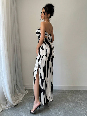 Sexy Casual Bandeau Twist Backless Tie-Up Contrast Floral Print Pleated Fabric Black & Light Pink