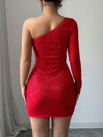 Sexy Elegant Asymmetric Collar Sequin Patchwork Long Sleeve Bodycon Dress