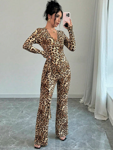 Sexy Elegant Modern Lace-Up Waist Jumpsuit, Leopard Print V-Neck Long Sleeve Extra Long Romper