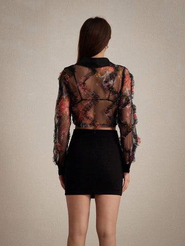 Privé Sexy Floral Print Mesh Sheer Long Sleeve Crop Top For Summer