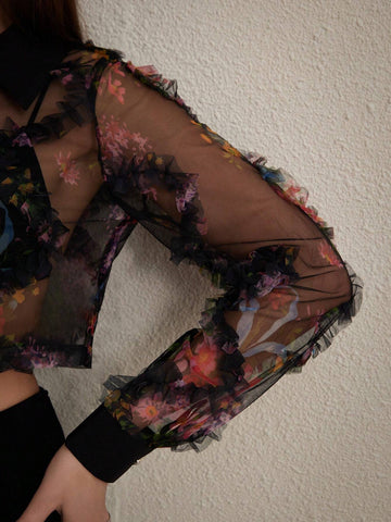 Privé Sexy Floral Print Mesh Sheer Long Sleeve Crop Top For Summer