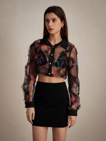 Privé Sexy Floral Print Mesh Sheer Long Sleeve Crop Top For Summer