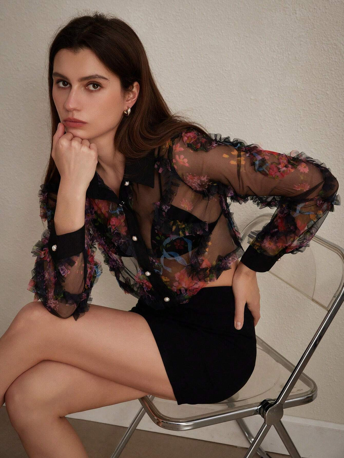 Privé Sexy Floral Print Mesh Sheer Long Sleeve Crop Top For Summer