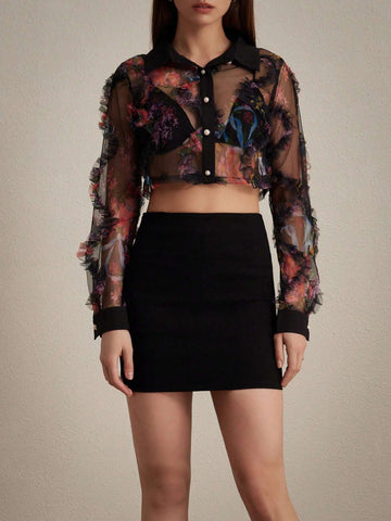 Privé Sexy Floral Print Mesh Sheer Long Sleeve Crop Top For Summer