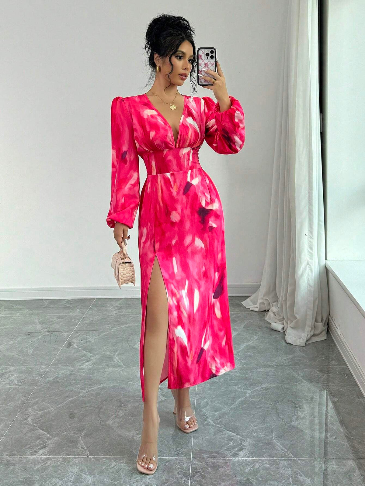 Sexy High Slit Print Waist Fitted Women Long Sleeve Dress