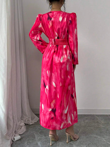 Sexy High Slit Print Waist Fitted Women Long Sleeve Dress