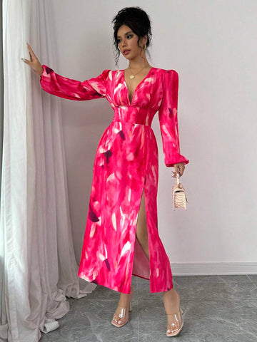 Sexy High Slit Print Waist Fitted Women Long Sleeve Dress