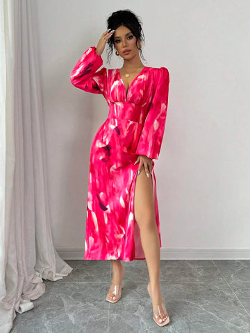 Sexy High Slit Print Waist Fitted Women Long Sleeve Dress