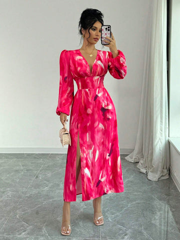Sexy High Slit Print Waist Fitted Women Long Sleeve Dress