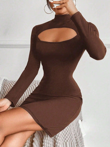 Sexy Hollow Out Collar Fitted Long Sleeve Dress