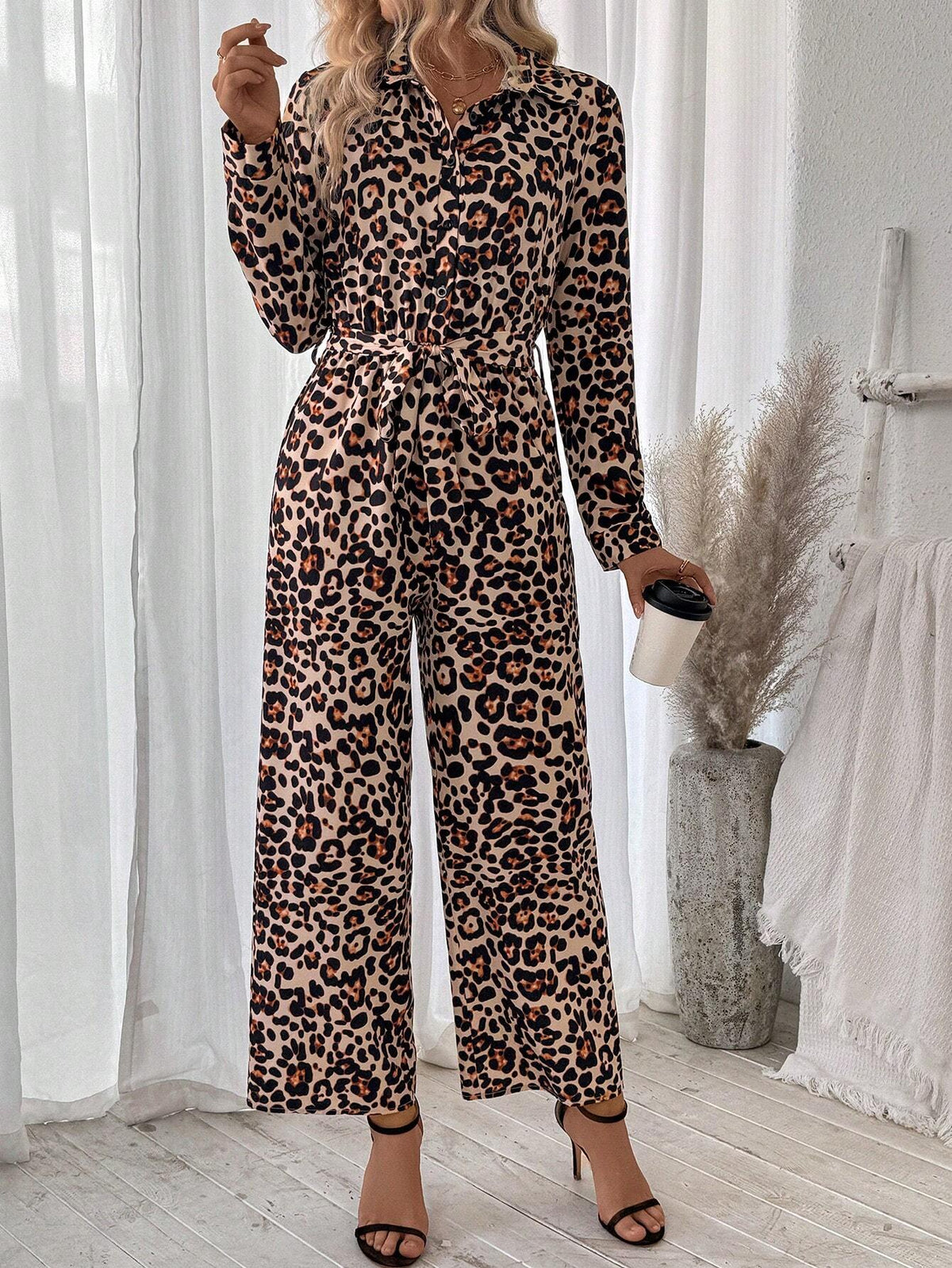 Sexy Loose Leopard Print Shirt Collar Jumpsuit