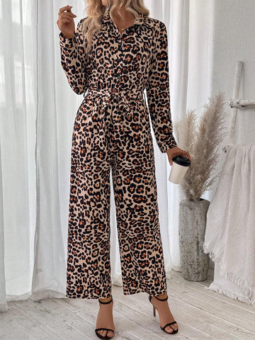 Sexy Loose Leopard Print Shirt Collar Jumpsuit