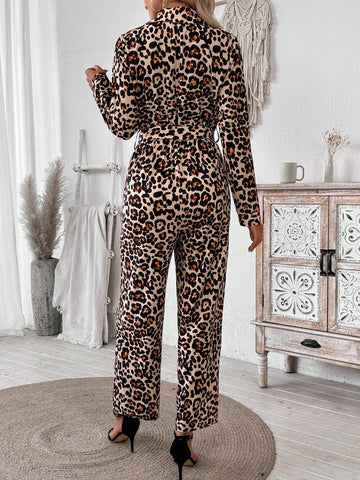 Sexy Loose Leopard Print Shirt Collar Jumpsuit