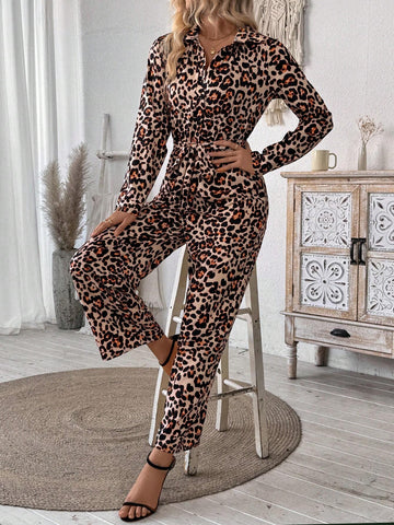 Sexy Loose Leopard Print Shirt Collar Jumpsuit