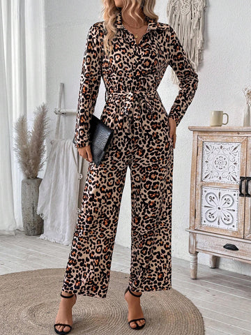 Sexy Loose Leopard Print Shirt Collar Jumpsuit