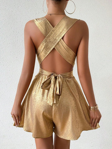 Sexy Metal Texture Deep V-Neck Cross Wrap Backless Jumpsuit