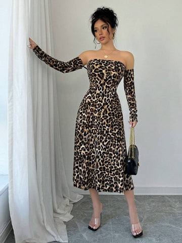 Sexy Off Shoulder Long Sleeve High Slit Fashion Leopard Print Dress