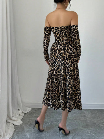 Sexy Off Shoulder Long Sleeve High Slit Fashion Leopard Print Dress