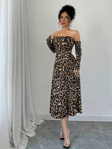Sexy Off Shoulder Long Sleeve High Slit Fashion Leopard Print Dress