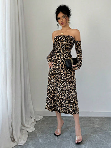Sexy Off Shoulder Long Sleeve High Slit Fashion Leopard Print Dress
