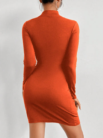 Sexy Solid Color Hollow Out Stand Collar Bodycon Dress