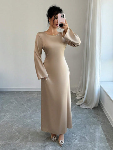 Sexy Waist Cinched Round Neck Long Sleeve Fitted Dress