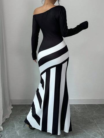 Sexy Women Black And White Asymmetrical Neck Ruched Striped Mermaid Hem Dress