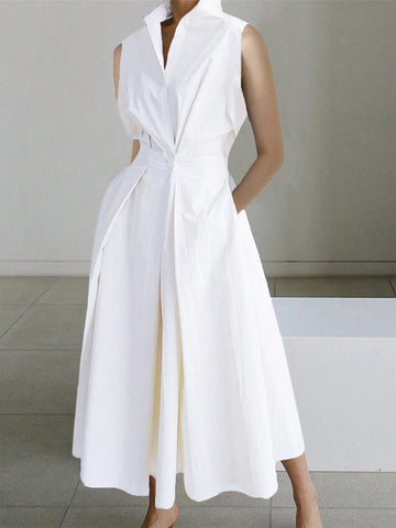 Shirt Collar Summer Solid Color Sleeveless Dress With Pocket, Elegant