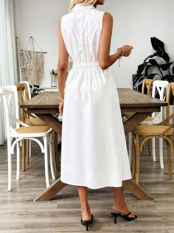 Shirt Collar Summer Solid Color Sleeveless Dress With Pocket, Elegant