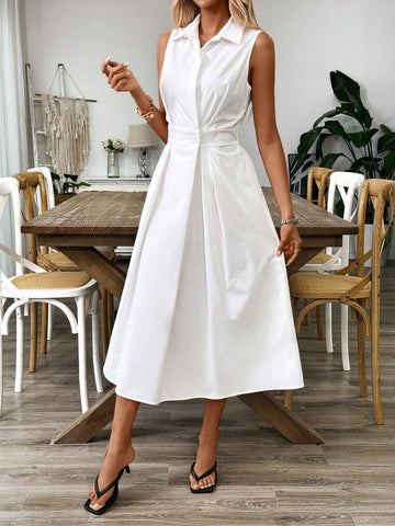 Shirt Collar Summer Solid Color Sleeveless Dress With Pocket, Elegant