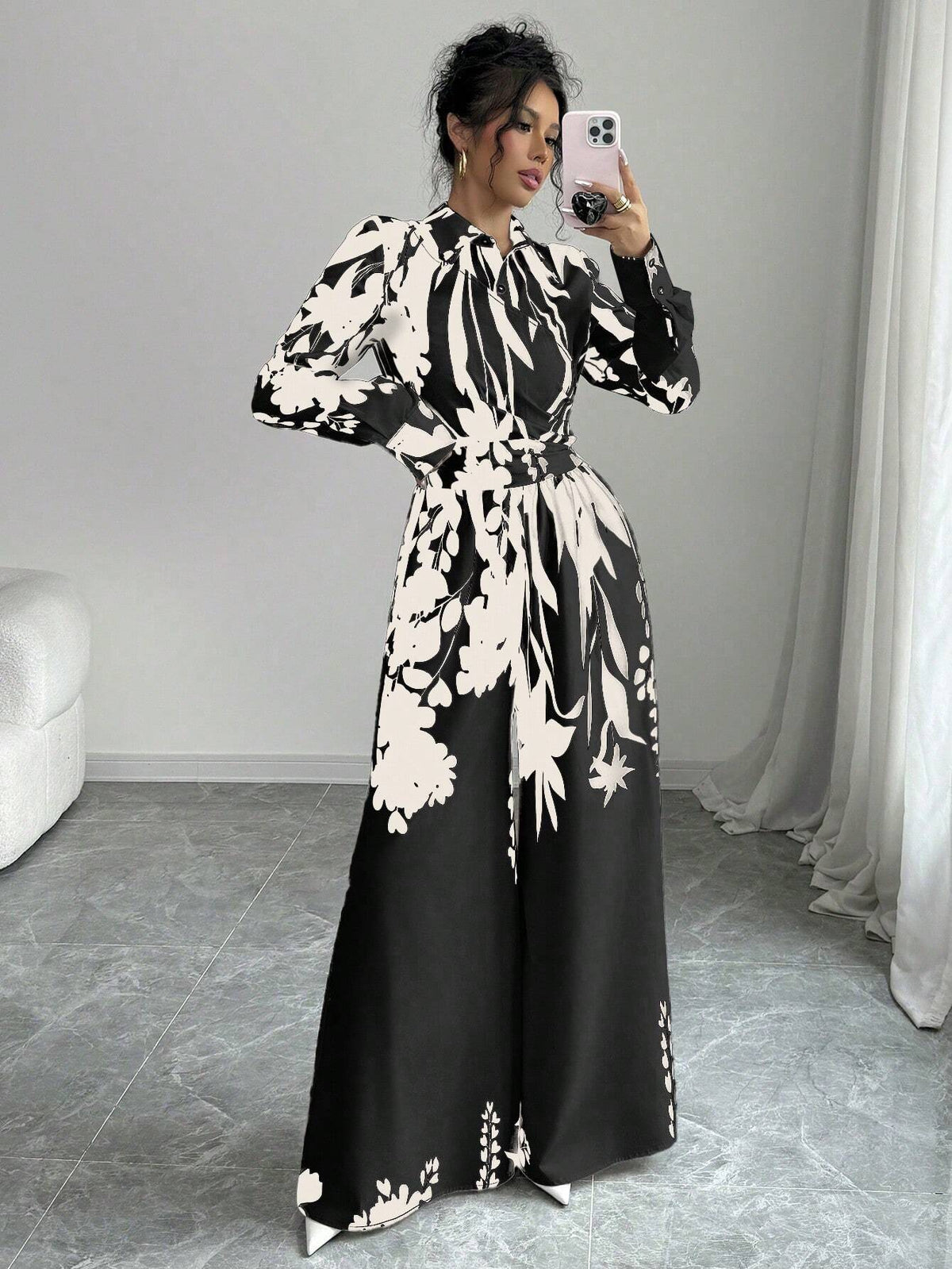 Shirt Collar Waist Tie-Up Floral Print Long Sleeve Jumpsuits For Women