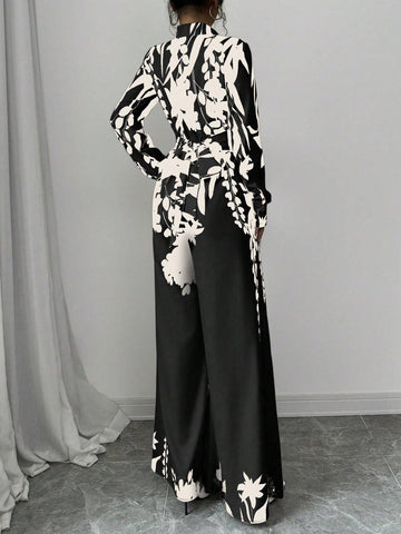 Shirt Collar Waist Tie-Up Floral Print Long Sleeve Jumpsuits For Women