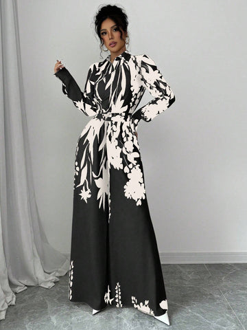 Shirt Collar Waist Tie-Up Floral Print Long Sleeve Jumpsuits For Women