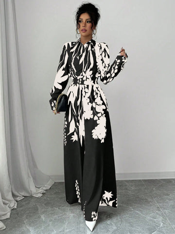 Shirt Collar Waist Tie-Up Floral Print Long Sleeve Jumpsuits For Women