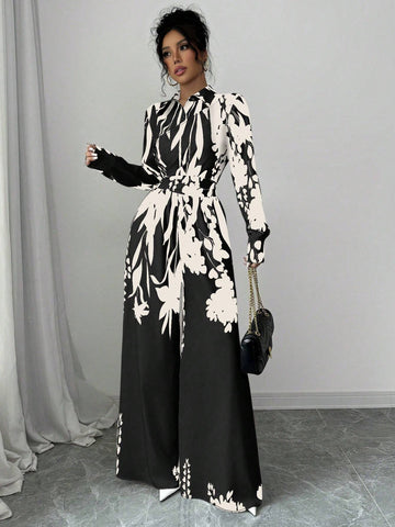 Shirt Collar Waist Tie-Up Floral Print Long Sleeve Jumpsuits For Women