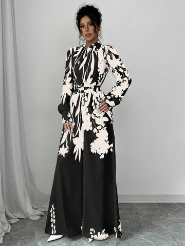 Shirt Collar Waist Tie-Up Floral Print Long Sleeve Jumpsuits For Women