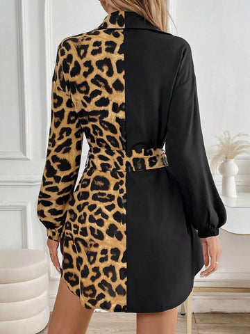 Simple Solid Color Patchwork Front Button Long Sleeve Tie Waist Casual Dress