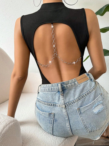 Sleeveless Backless Bodysuit With Ring Detail