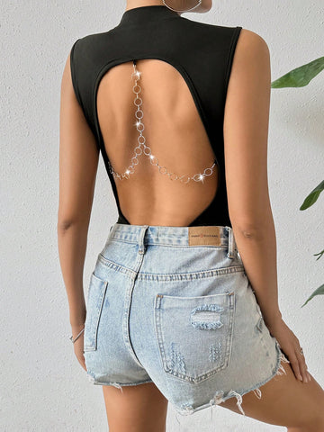 Sleeveless Backless Bodysuit With Ring Detail