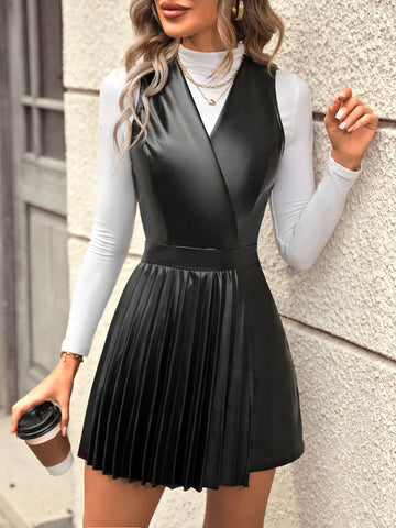Sleeveless V-Neck Pu Leather Pleated Romper
