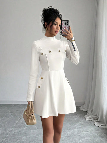 Slim-Waist A-Line High Collar Elegant Ladies Dress