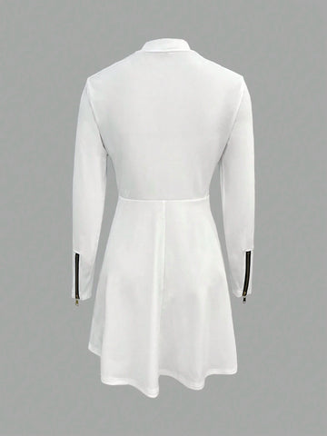 Slim-Waist A-Line High Collar Elegant Ladies Dress