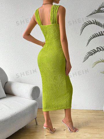 Slim Fit Maxi Dress With Textured Vertical Striped Fabric, Wrap Chest Design With Wide Pleated Shoulde