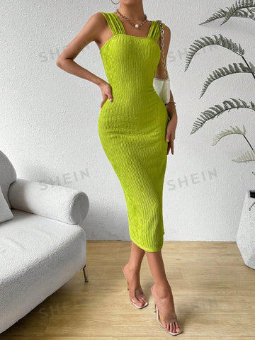 Slim Fit Maxi Dress With Textured Vertical Striped Fabric, Wrap Chest Design With Wide Pleated Shoulde