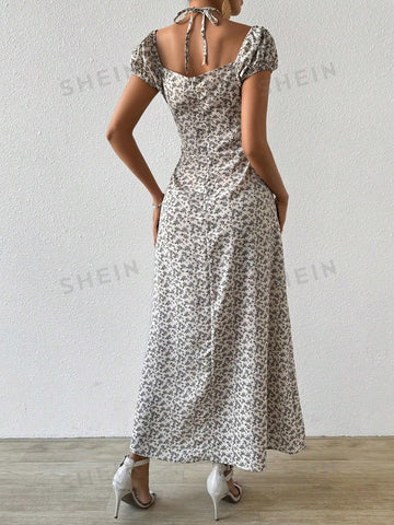 Small Floral Printed Split Maxi Dress With Puff Sleeves