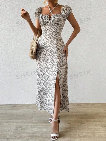 Small Floral Printed Split Maxi Dress With Puff Sleeves