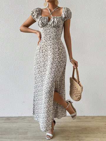 Small Floral Printed Split Maxi Dress With Puff Sleeves
