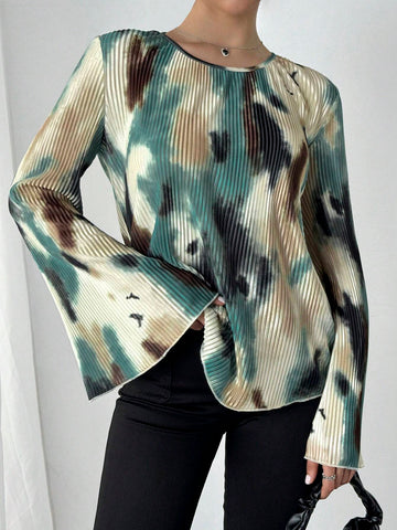 Privé Smocked Tie Dye Print Round Neck Long Sleeve Shirt