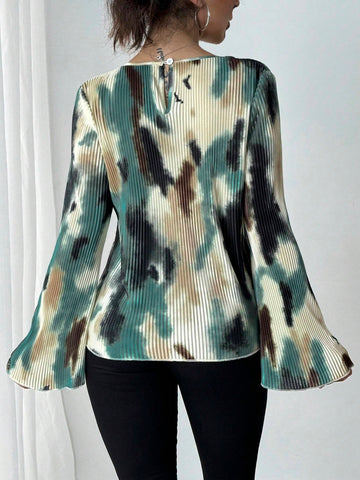 Privé Smocked Tie Dye Print Round Neck Long Sleeve Shirt