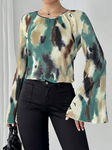 Privé Smocked Tie Dye Print Round Neck Long Sleeve Shirt